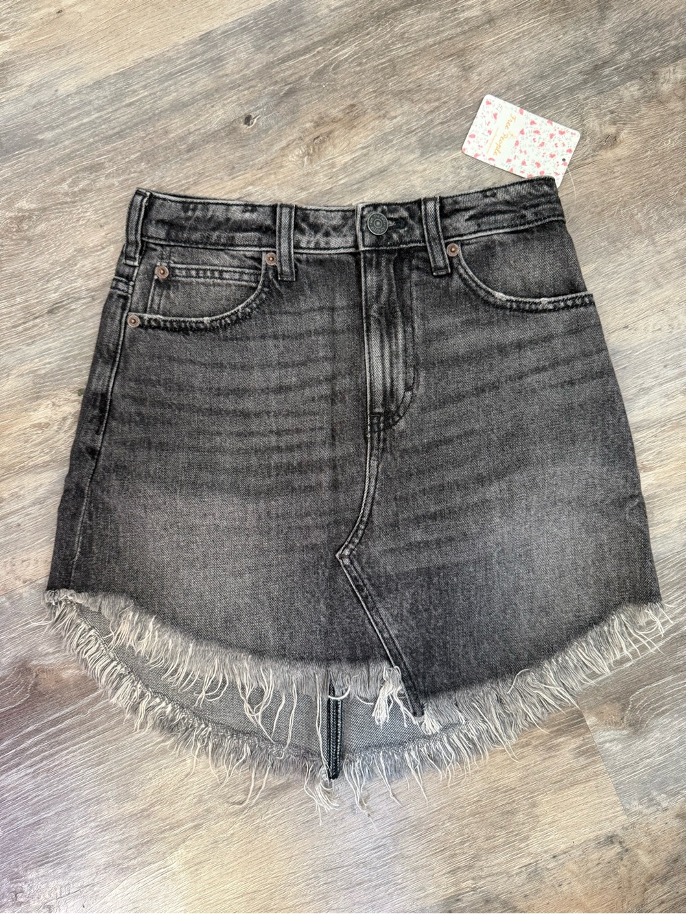 Free People Black Washed Asymmetrical Denim Mini Skirt